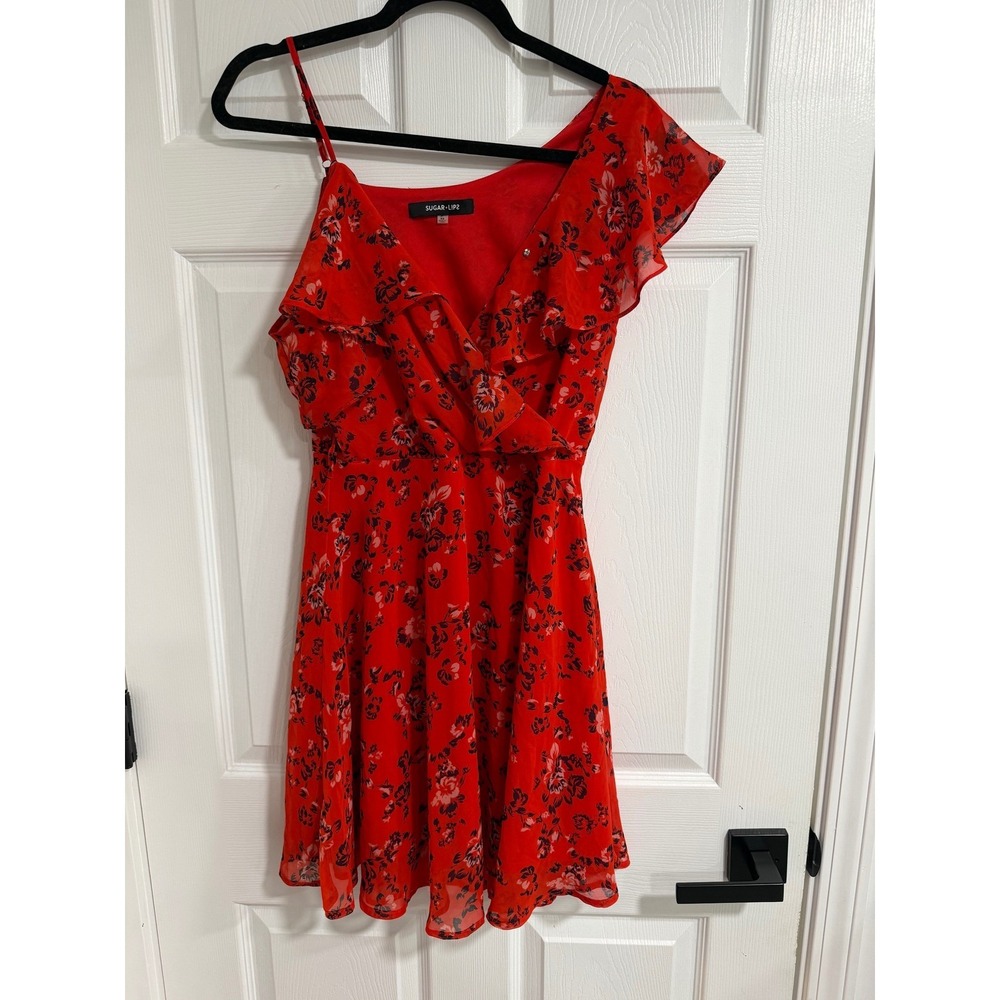 SUGAR+LIP2 Red Floral Print Ruffle‎ One Shoulder Mini Dress XS